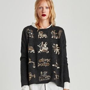 ZARA Dark Grey Zodiac Embroidered Sweater